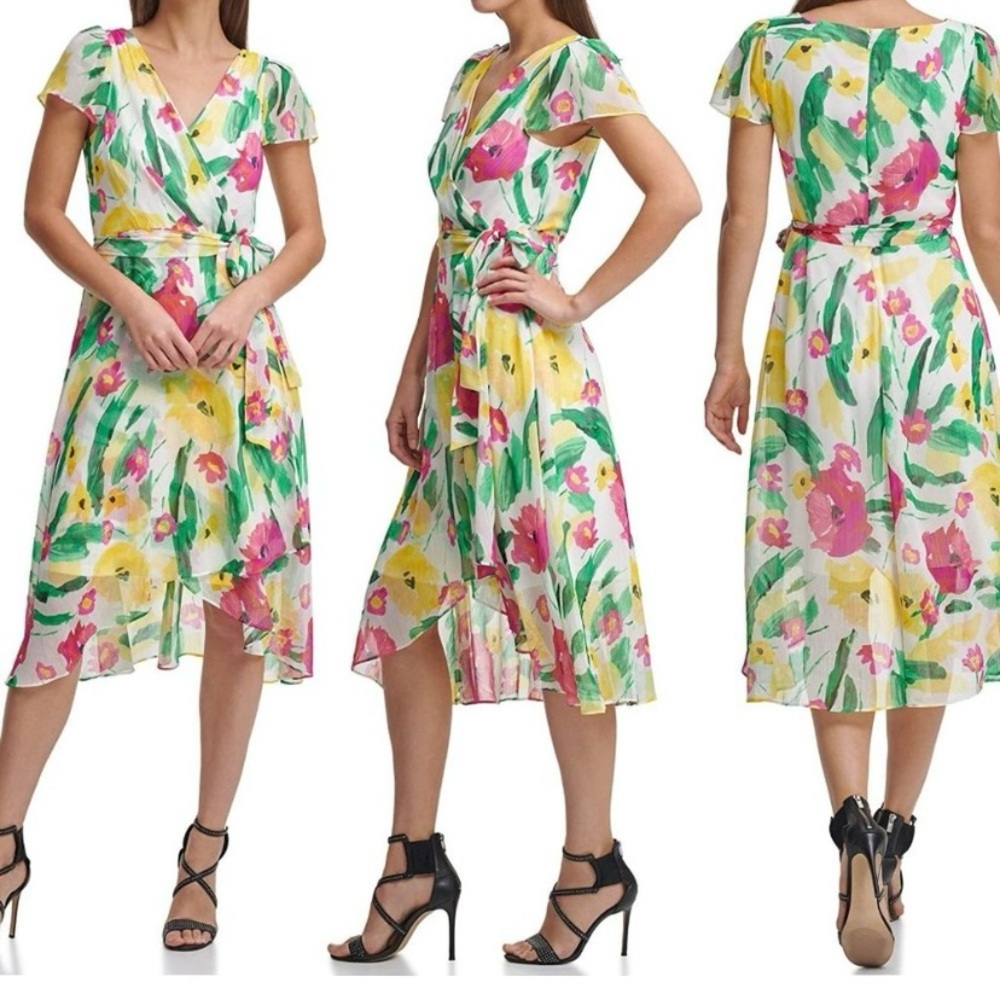 DKNY Floral spring summer wedding guest Dress in Pink, Yellow, and Green size 10